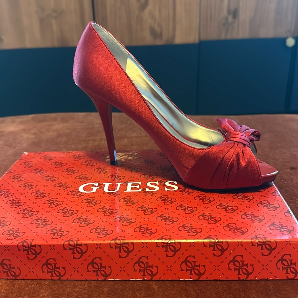 Guess Red Satin Peep Toe Pumps